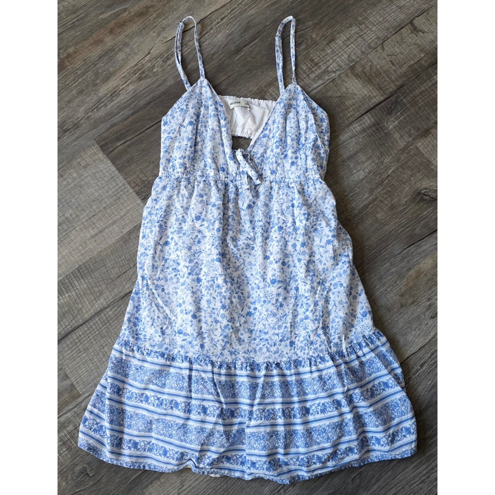Hollister Blue White Floral Tiered Mini Sundress Cutout Back Large